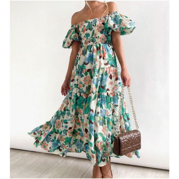 Boho Floral Print Shirred Puff Sleeve Dress - Picture 1 of 9